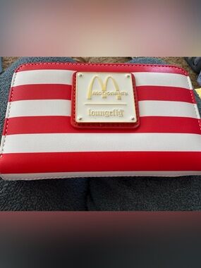 McDonald's Red and White Striped Loungefly Wallet with Gold Logo Plate